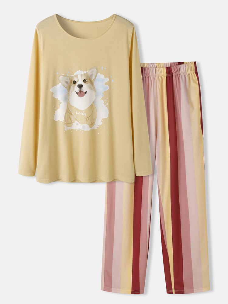 Plus Size Kvinder Hundeprint Stribede Bukser Løse Langærmede Loungewear Pyjamassæt