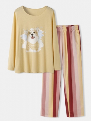 Plus Size Kvinder Hundeprint Stribede Bukser Løse Langærmede Loungewear Pyjamassæt