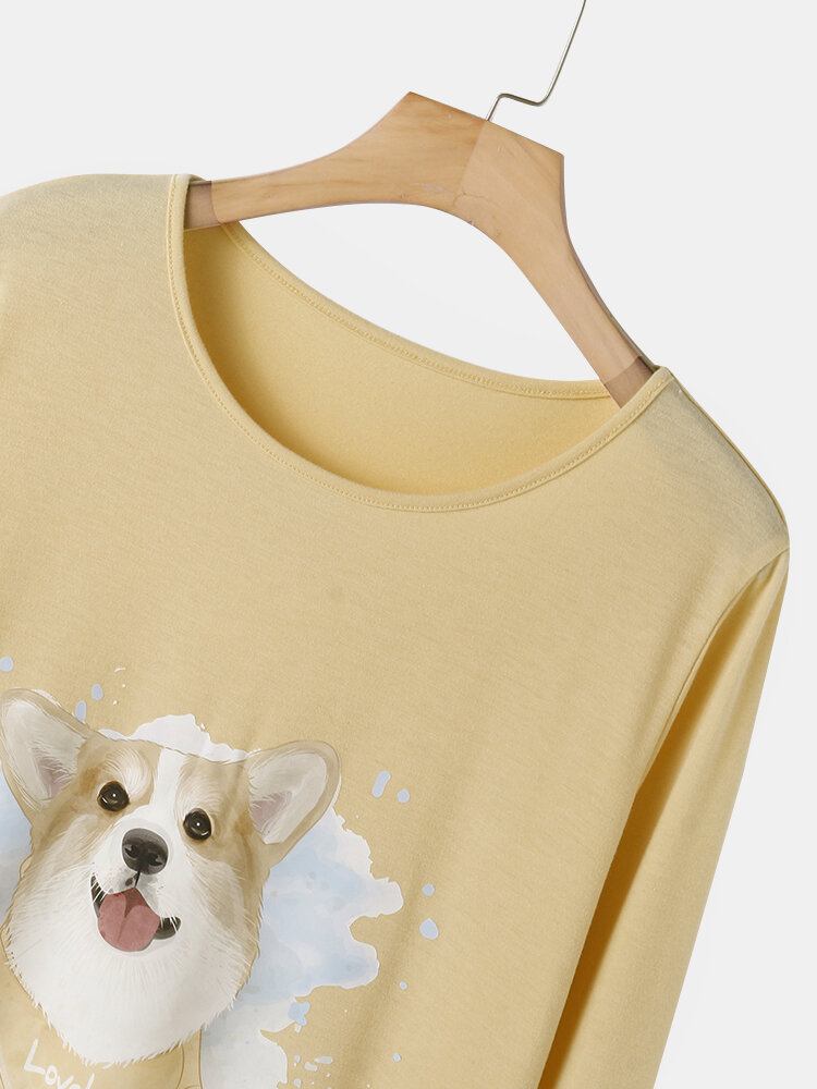 Plus Size Kvinder Hundeprint Stribede Bukser Løse Langærmede Loungewear Pyjamassæt