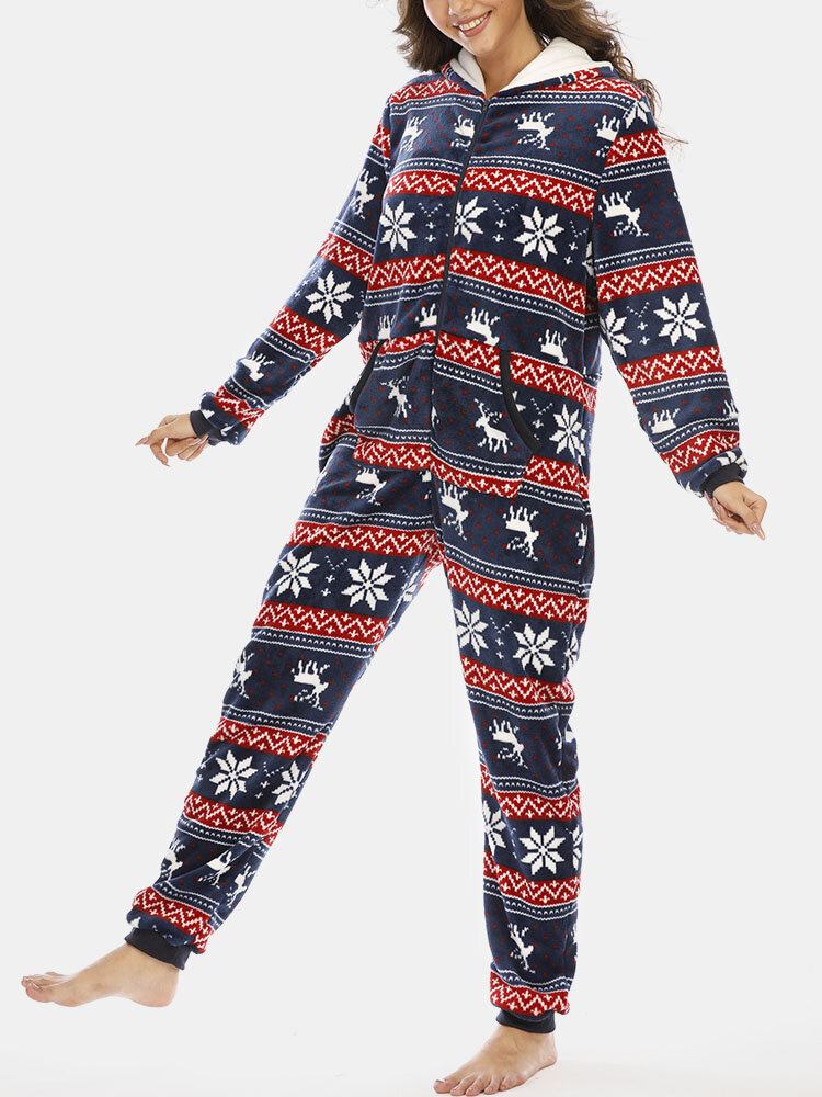 Plus Size Kvinder Jul Snefnug Elg Mønster Lynlås Front Øre Design Flanell Hætte Onesies Med Lomme