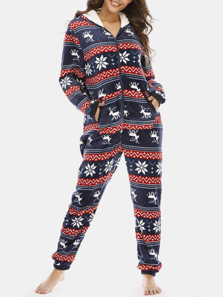 Plus Size Kvinder Jul Snefnug Elg Mønster Lynlås Front Øre Design Flanell Hætte Onesies Med Lomme