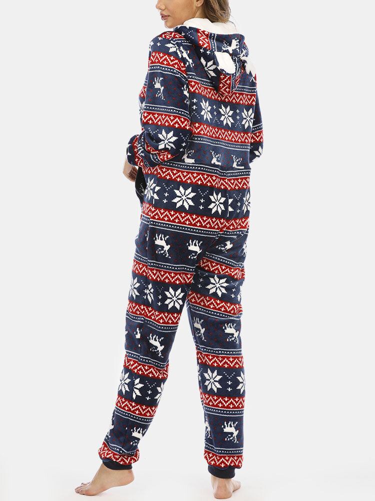 Plus Size Kvinder Jul Snefnug Elg Mønster Lynlås Front Øre Design Flanell Hætte Onesies Med Lomme