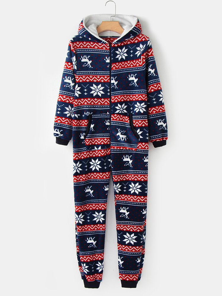 Plus Size Kvinder Jul Snefnug Elg Mønster Lynlås Front Øre Design Flanell Hætte Onesies Med Lomme