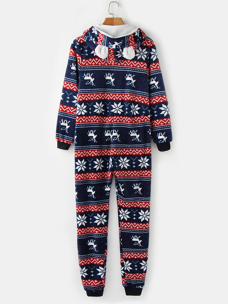 Plus Size Kvinder Jul Snefnug Elg Mønster Lynlås Front Øre Design Flanell Hætte Onesies Med Lomme