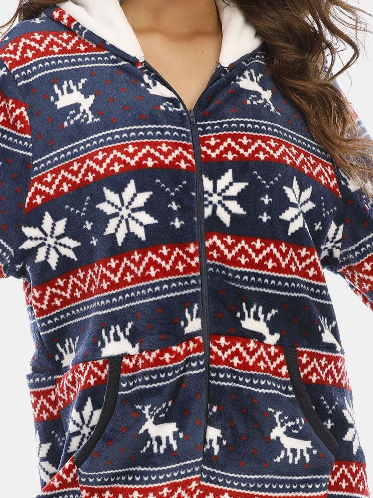 Plus Size Kvinder Jul Snefnug Elg Mønster Lynlås Front Øre Design Flanell Hætte Onesies Med Lomme