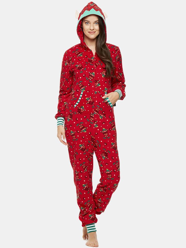 Plus Size Kvinder Julebrev Print Lynlås Front Øre Design Hætte Onesies Med Pocket Nattøj