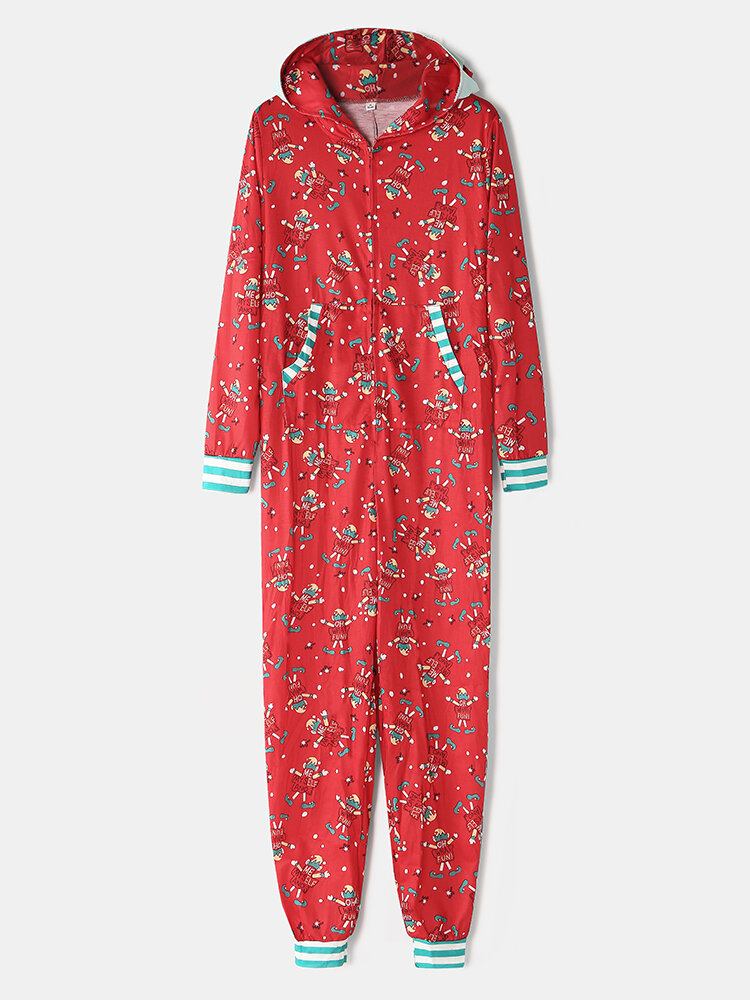 Plus Size Kvinder Julebrev Print Lynlås Front Øre Design Hætte Onesies Med Pocket Nattøj