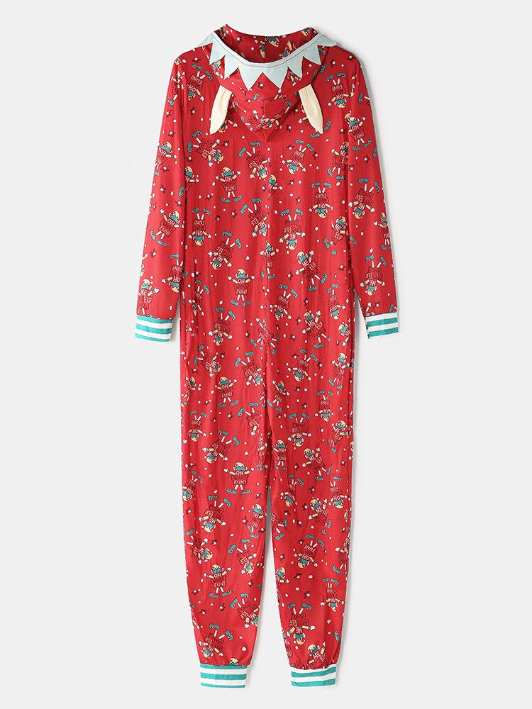 Plus Size Kvinder Julebrev Print Lynlås Front Øre Design Hætte Onesies Med Pocket Nattøj