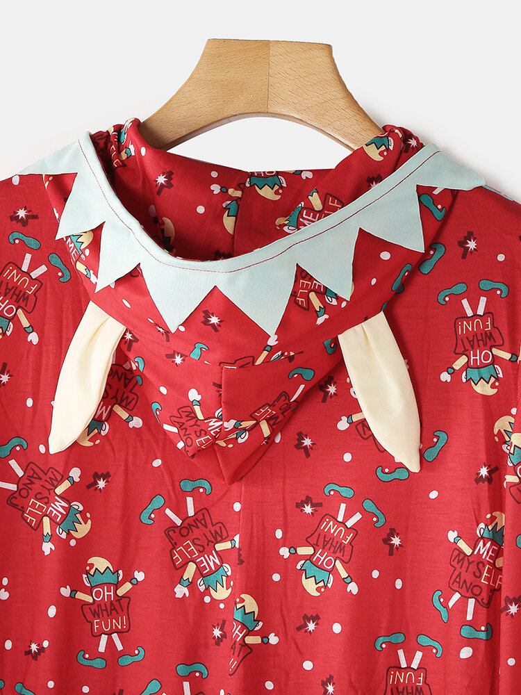 Plus Size Kvinder Julebrev Print Lynlås Front Øre Design Hætte Onesies Med Pocket Nattøj