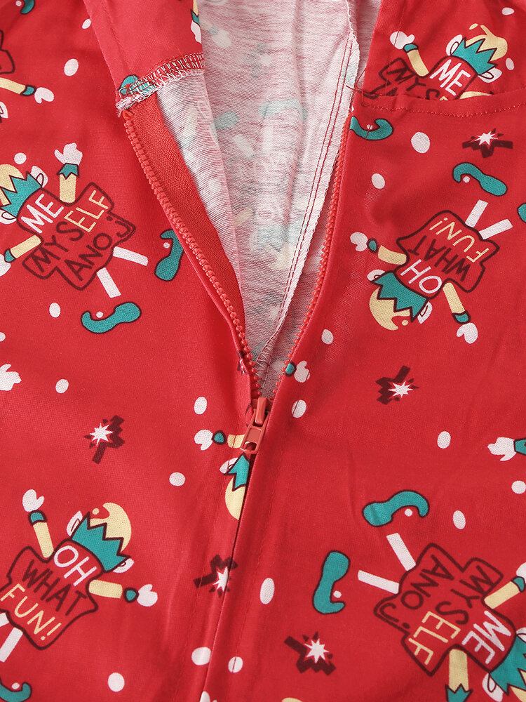 Plus Size Kvinder Julebrev Print Lynlås Front Øre Design Hætte Onesies Med Pocket Nattøj