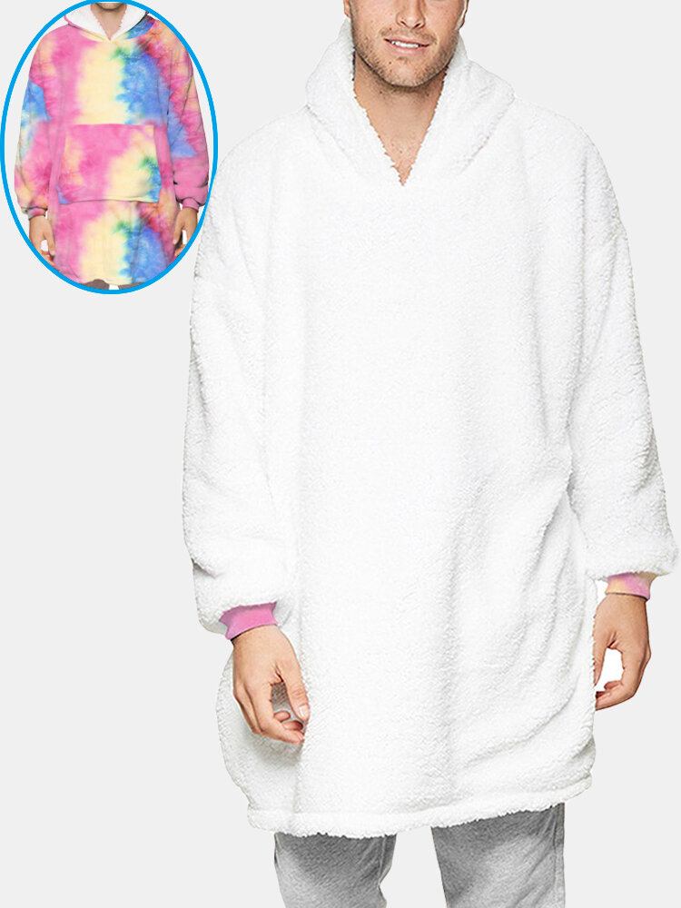 Slipsfarve Til Mænd Tosidet Bærbar Fleece Oversized Tæppe Hættetrøje Loungewear Med Praktisk Lomme