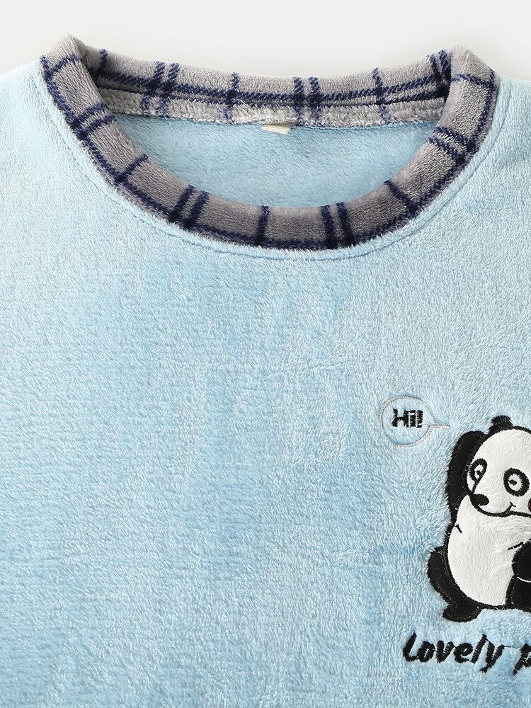 Søde Panda Brev Broderi Grid Syning O-hals Flanell Varme Pyjamas Sæt