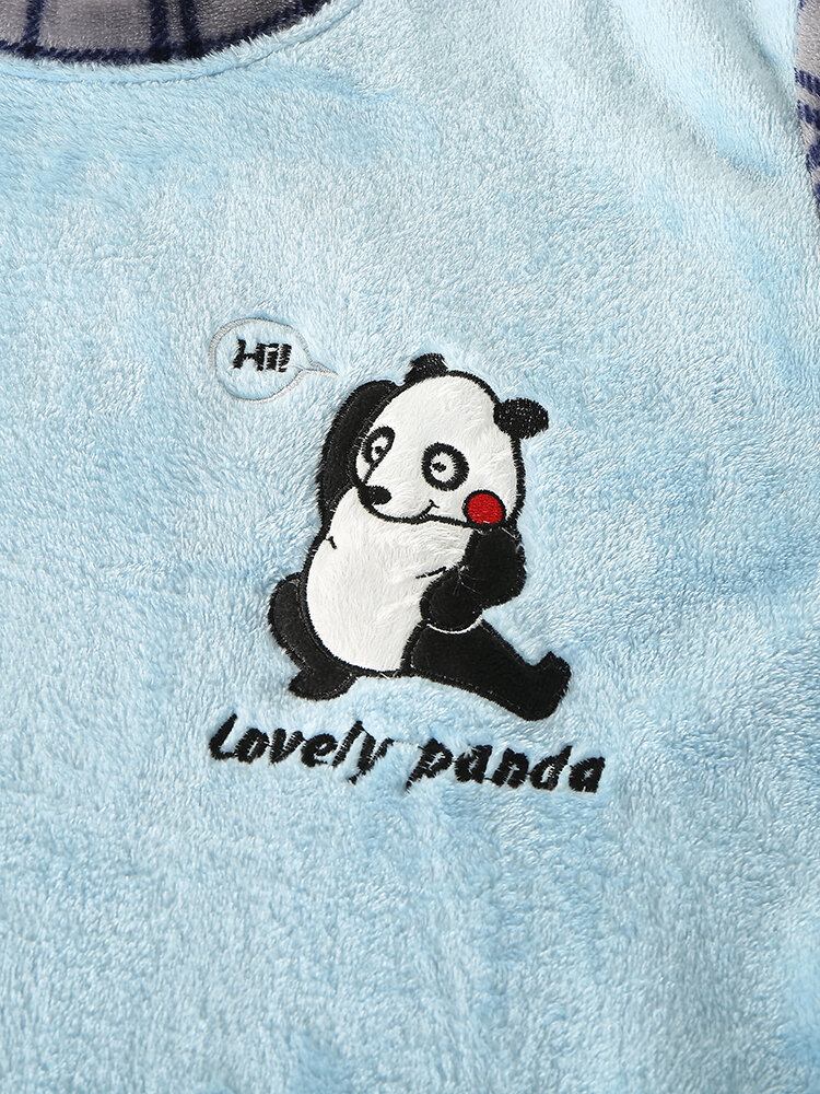 Søde Panda Brev Broderi Grid Syning O-hals Flanell Varme Pyjamas Sæt