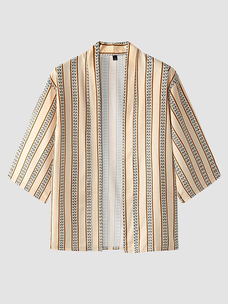 Stribet Print Til Mænd Med Åben Front 3/4-ærmet Kimono I To Stykker