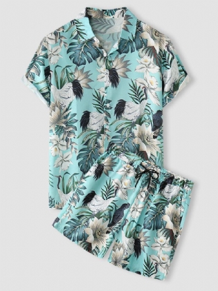 Tropical Plant Print Button Up Holiday Two Pieces Outfits