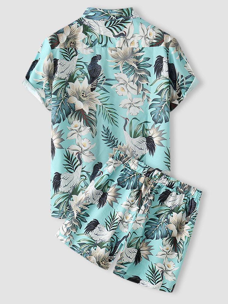 Tropical Plant Print Button Up Holiday Two Pieces Outfits