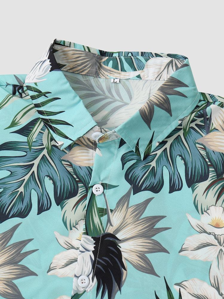 Tropical Plant Print Button Up Holiday Two Pieces Outfits