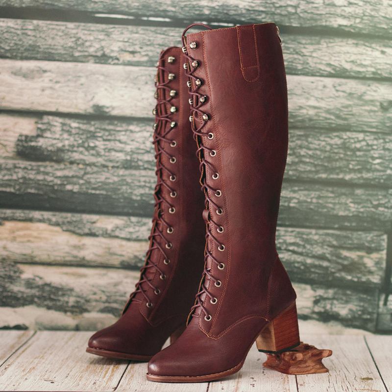 Dame Plus Size Retro Lace Up Mid Calf Boots