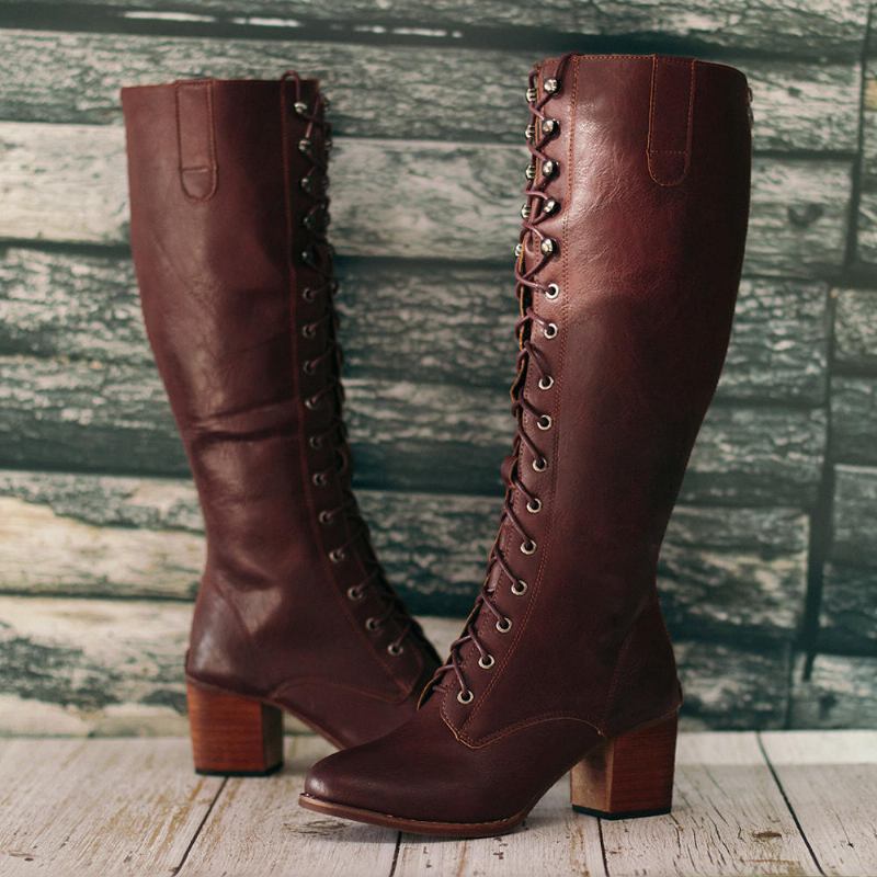 Dame Plus Size Retro Lace Up Mid Calf Boots