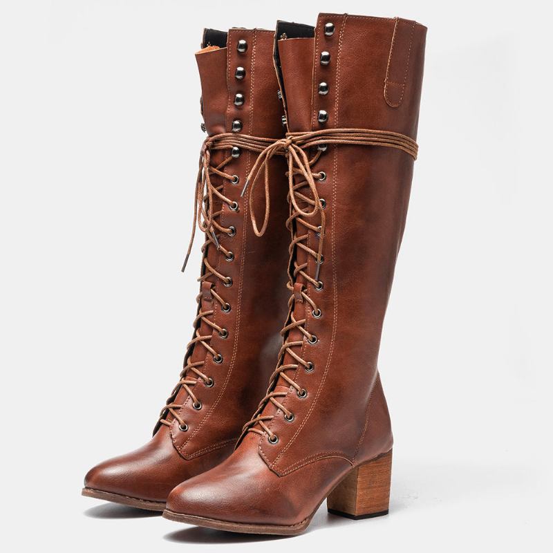 Dame Plus Size Retro Lace Up Mid Calf Boots