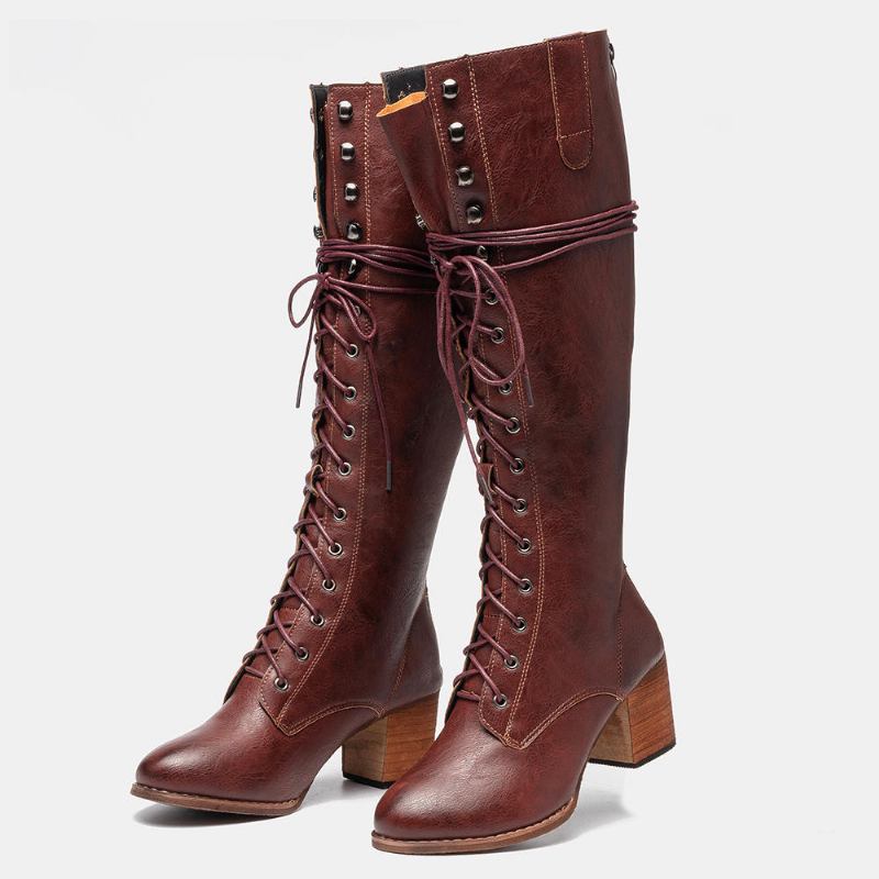 Dame Plus Size Retro Lace Up Mid Calf Boots