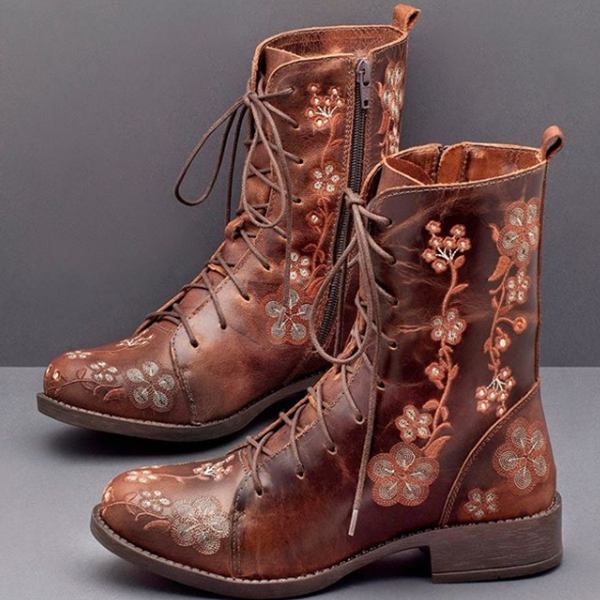 Dame Retro Flower Printing Mid Calf Boots