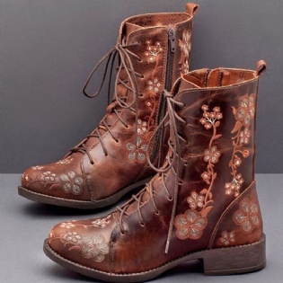 Dame Retro Flower Printing Mid Calf Boots