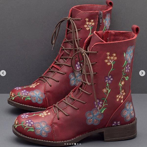 Dame Retro Flower Printing Mid Calf Boots