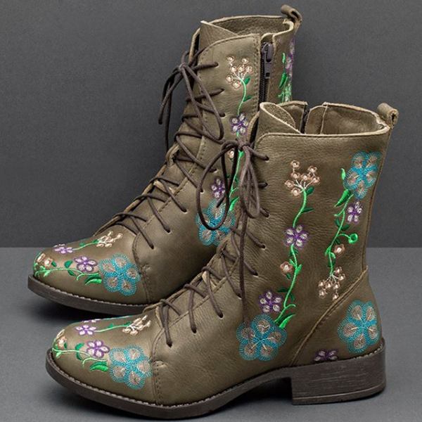 Dame Retro Flower Printing Mid Calf Boots