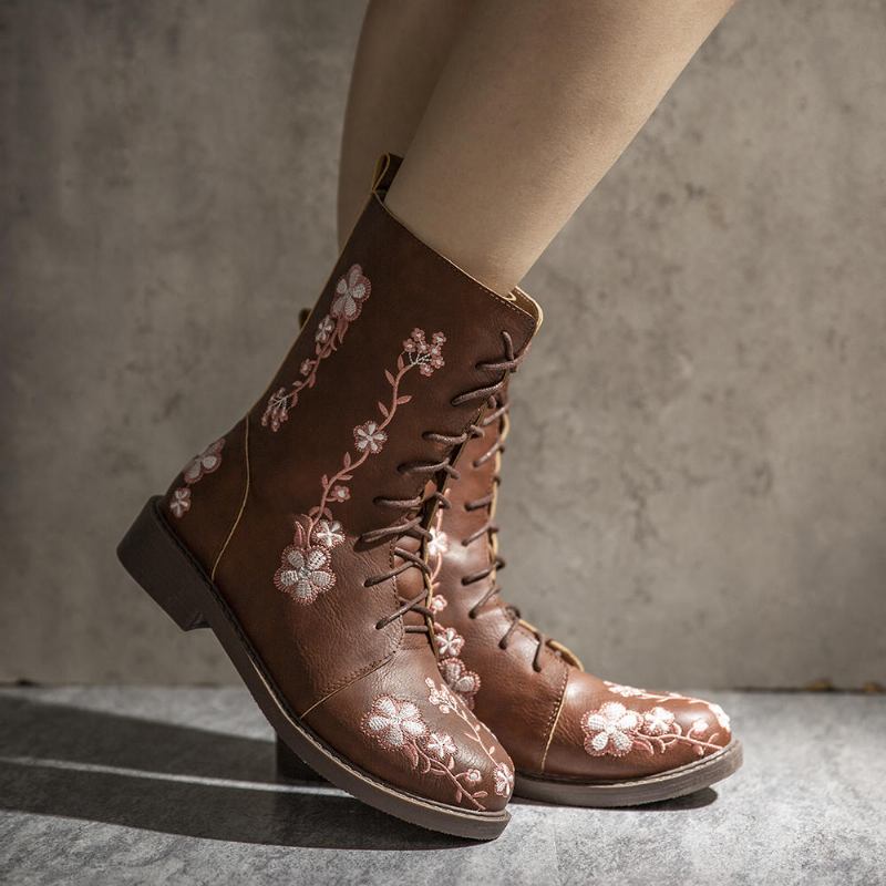 Dame Retro Flower Printing Mid Calf Boots