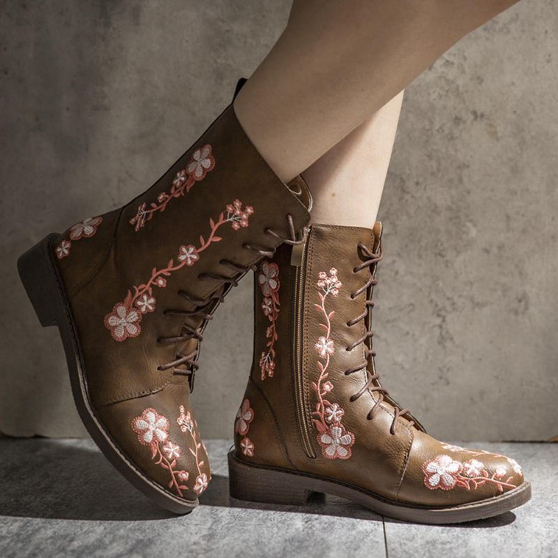 Dame Retro Flower Printing Mid Calf Boots