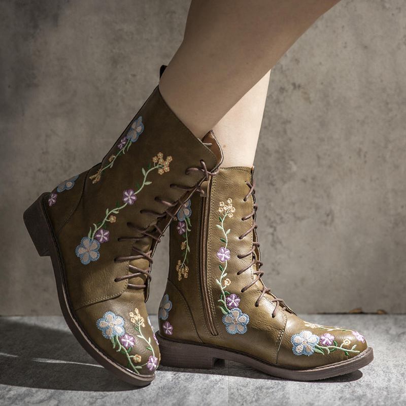 Dame Retro Flower Printing Mid Calf Boots