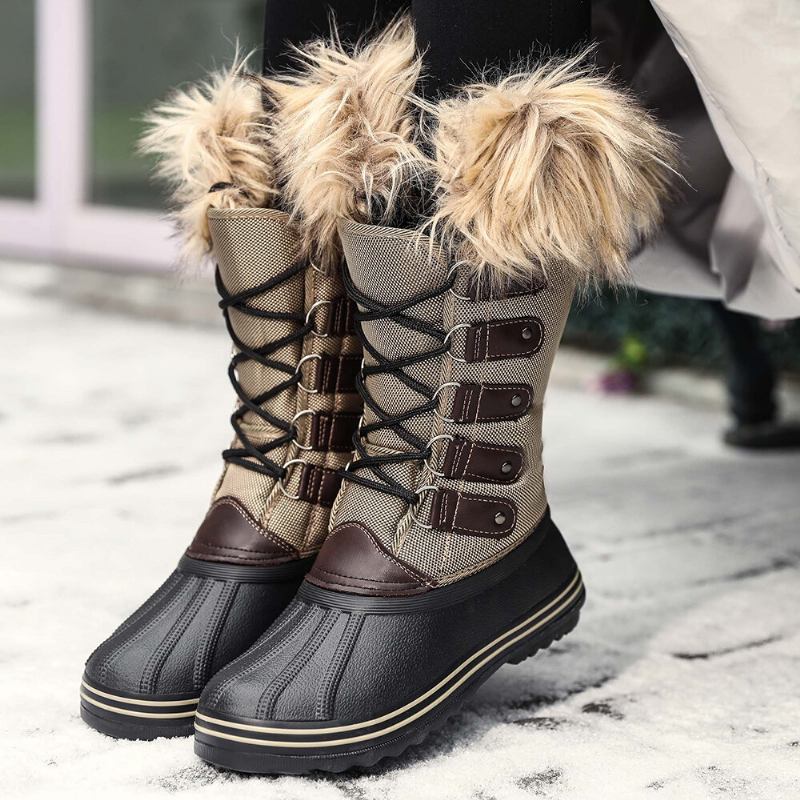 Dame Solid Furry Varm Skridsikker Cross Strap Mid Calf Snestøvler