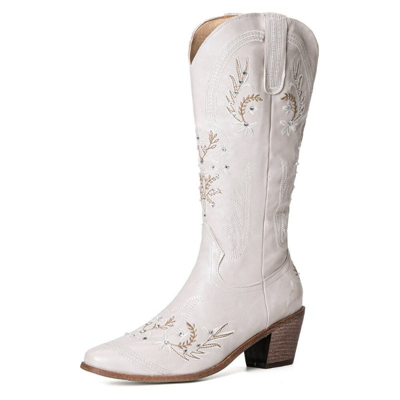 Damer Simple Blomsterbroderi Udskrivning Læder Comfy Chunky Heels Mid-calf Boots