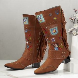 Folkways Broderet Rygkvast Deocr Bærbare Chunky Heel Mid-calf Boots