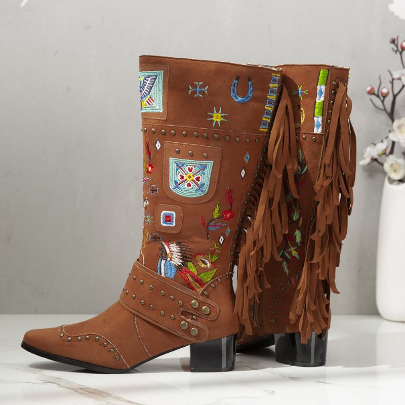 Folkways Broderet Rygkvast Deocr Bærbare Chunky Heel Mid-calf Boots