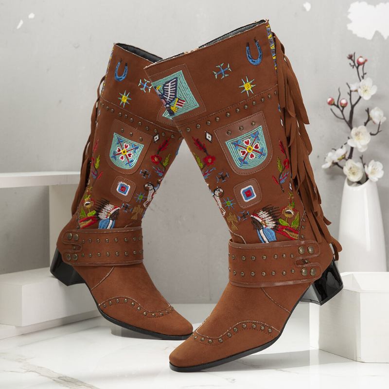 Folkways Broderet Rygkvast Deocr Bærbare Chunky Heel Mid-calf Boots