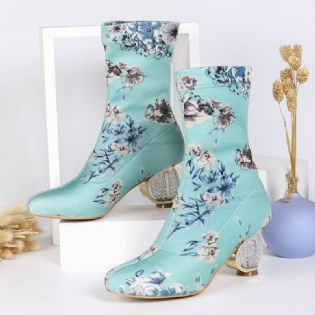 Kvinder Behagelig Stilfuld Broderede Blomster Stof Elastik Slip On Chunky Heel Korte Støvler