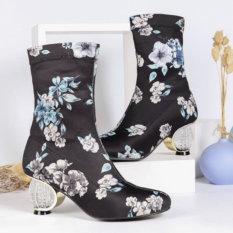 Kvinder Behagelig Stilfuld Broderede Blomster Stof Elastik Slip On Chunky Heel Korte Støvler