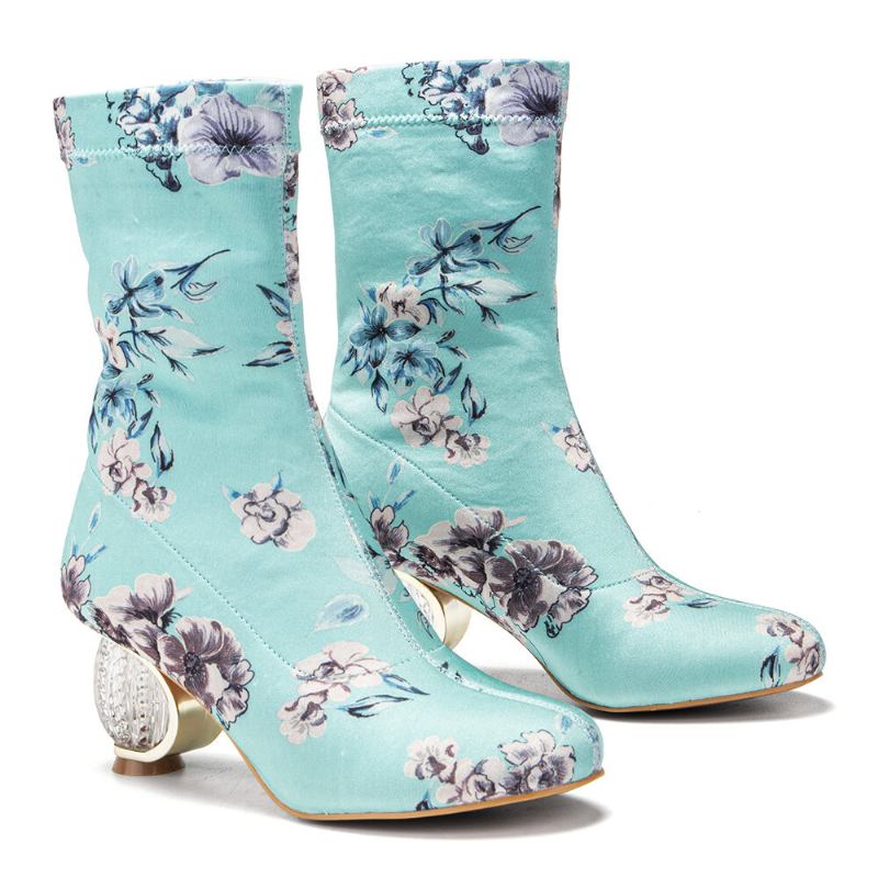 Kvinder Behagelig Stilfuld Broderede Blomster Stof Elastik Slip On Chunky Heel Korte Støvler