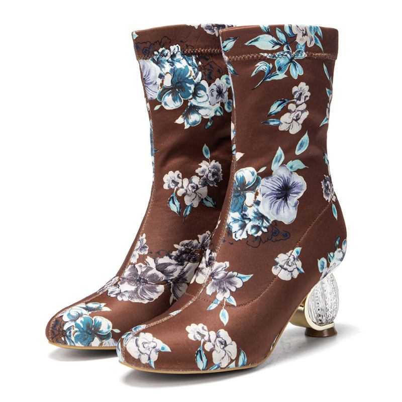 Kvinder Behagelig Stilfuld Broderede Blomster Stof Elastik Slip On Chunky Heel Korte Støvler