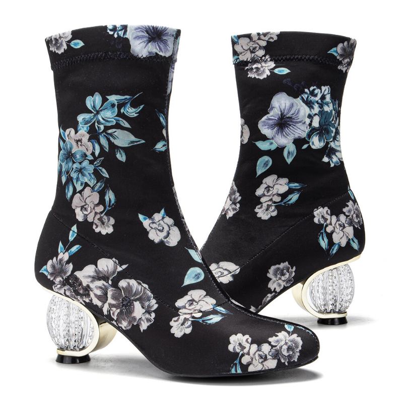 Kvinder Behagelig Stilfuld Broderede Blomster Stof Elastik Slip On Chunky Heel Korte Støvler