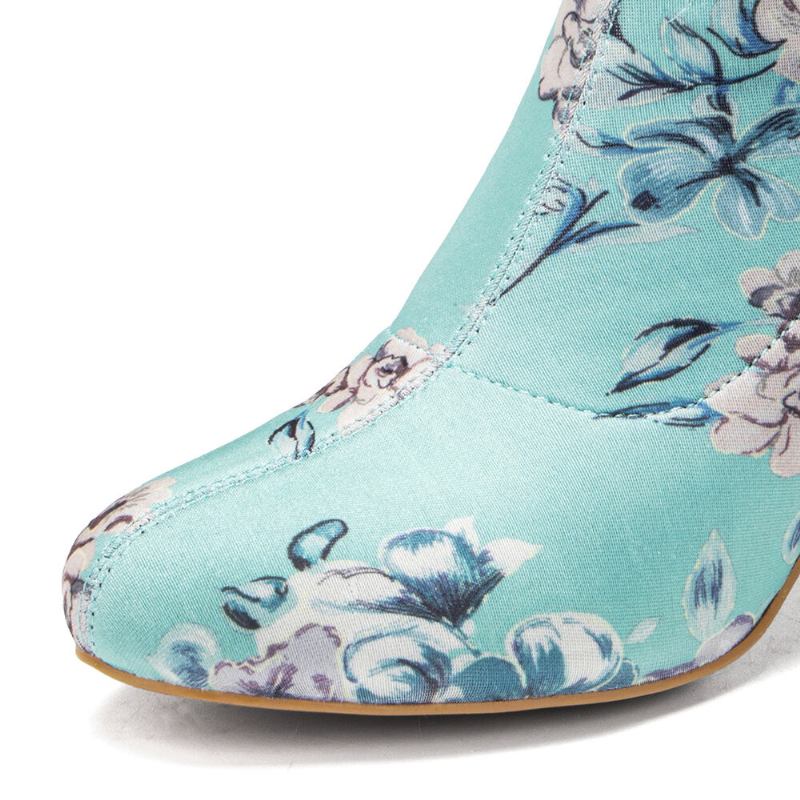 Kvinder Behagelig Stilfuld Broderede Blomster Stof Elastik Slip On Chunky Heel Korte Støvler