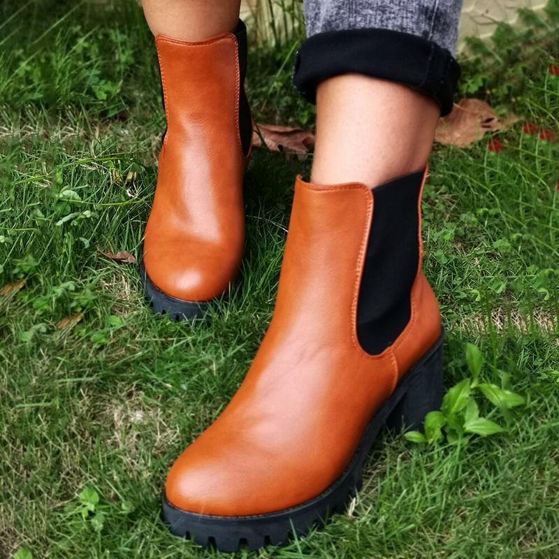 Kvinder Casual Slip On Rund Toe Platform Chunky Hæl Ankelstøvler