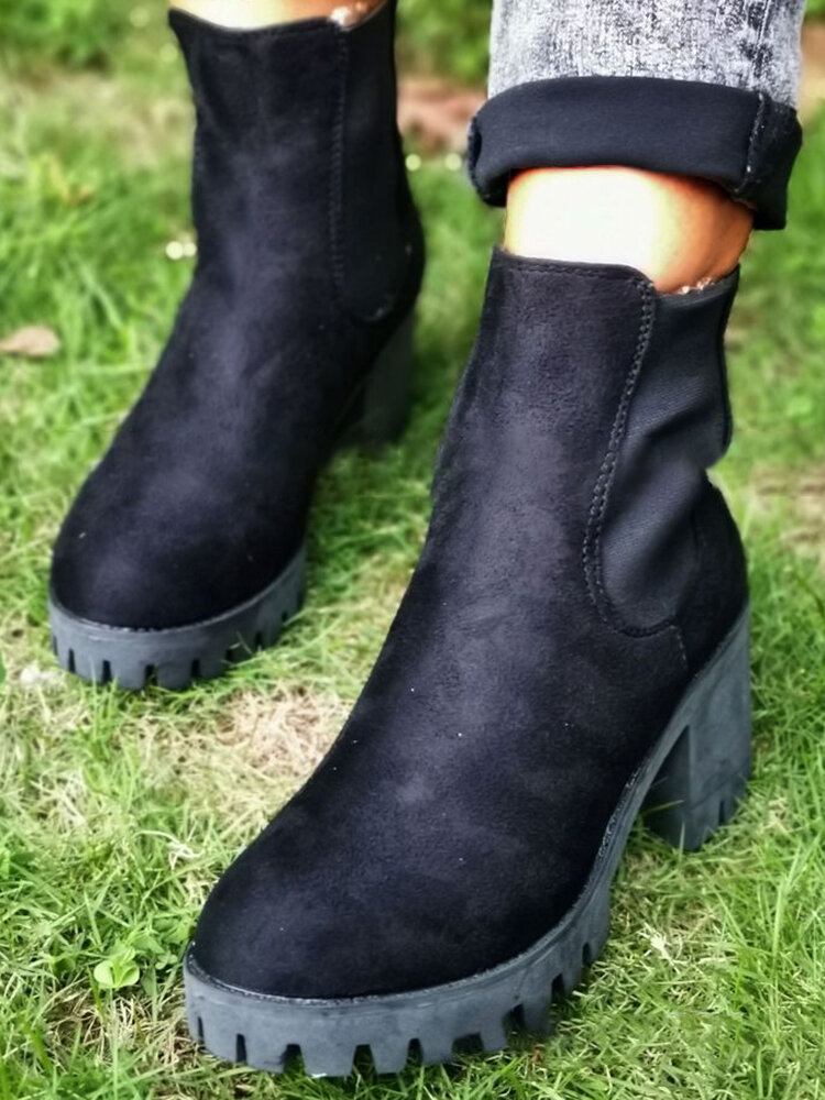 Kvinder Casual Slip On Rund Toe Platform Chunky Hæl Ankelstøvler