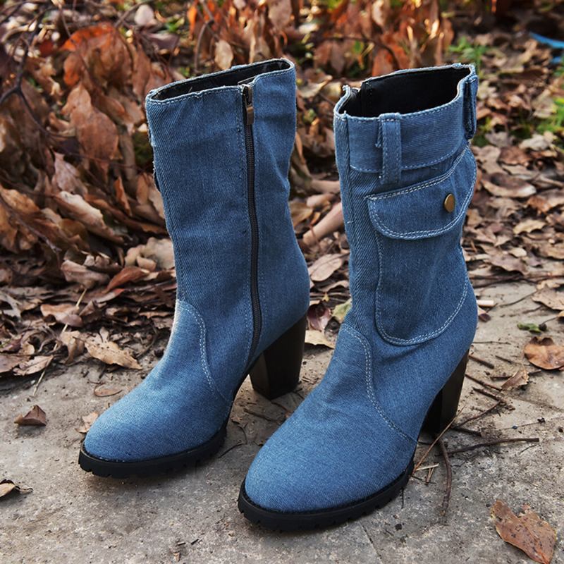 Kvinder Retro Denim Stof Side Lynlås Taske Dekor Chunky Heel Mid Calf Boots