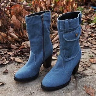 Kvinder Retro Denim Stof Side Lynlås Taske Dekor Chunky Heel Mid Calf Boots