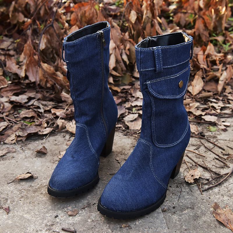 Kvinder Retro Denim Stof Side Lynlås Taske Dekor Chunky Heel Mid Calf Boots