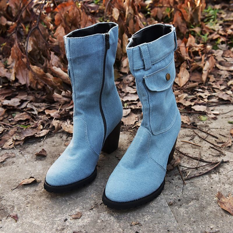 Kvinder Retro Denim Stof Side Lynlås Taske Dekor Chunky Heel Mid Calf Boots