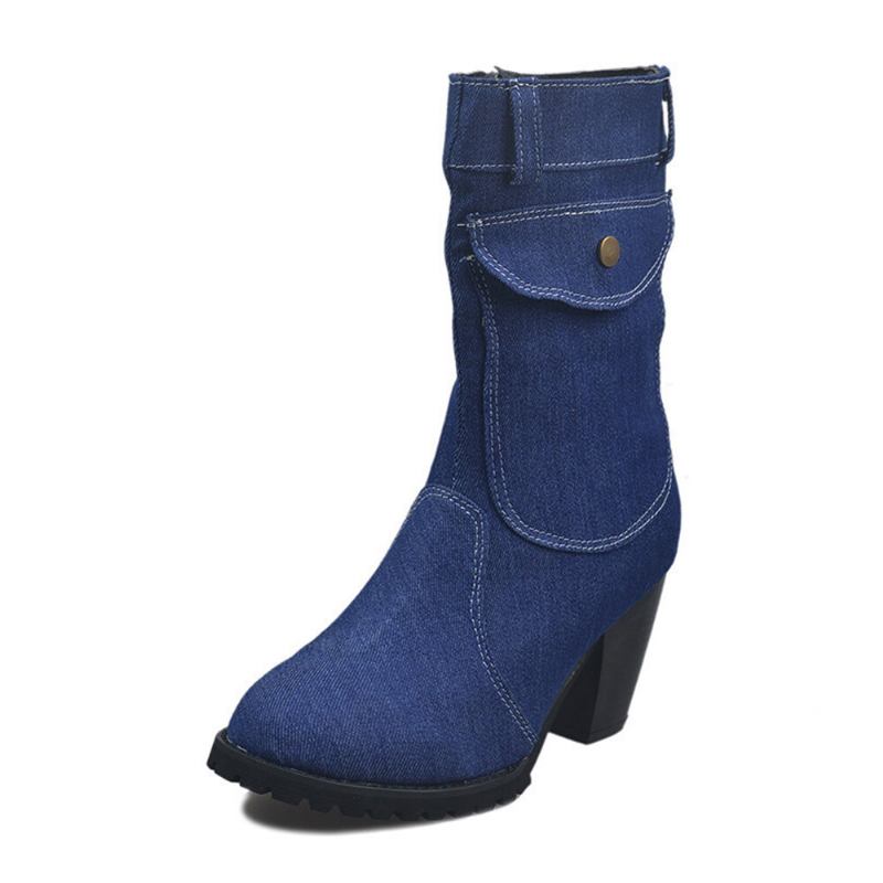 Kvinder Retro Denim Stof Side Lynlås Taske Dekor Chunky Heel Mid Calf Boots